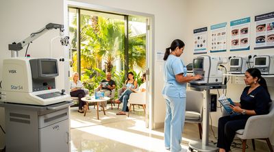 A Cancun eye clinic features affordable technology with patients in a welcoming reception area.
