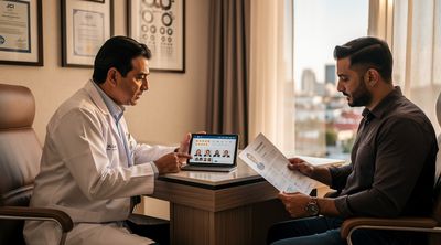 A Mexican ophthalmologist shows credentials and qualifications to an American patient during LASIK consultation.