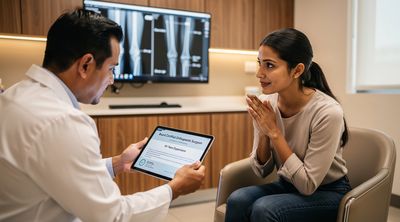 An orthopedic surgeon shows certifications to a patient during a consultation in a accredited hospital.