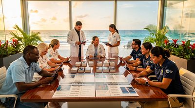 Diverse patients consult with a medical team in a competitive Cancun clinic office near the beach.