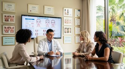 A certified Mexican surgeon reviews credentials and portfolios with diverse patients in a Tijuana clinic office.