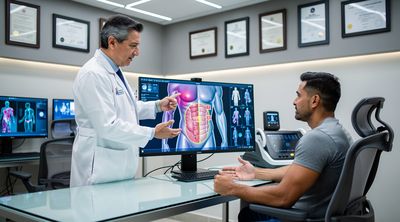 Experienced surgeon consults on VASER Lipo 360 with a patient using advanced tech.