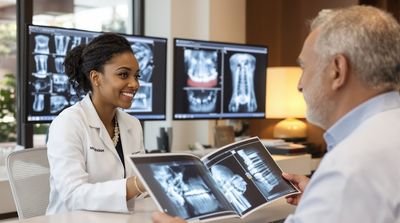 A dentist and patient reviewing x-rays during a consultation in a welcoming dental office.