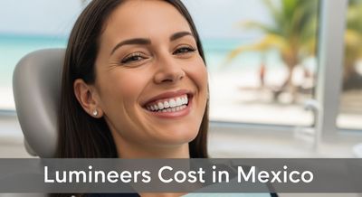 A joyful woman displaying her perfect Lumineers smile in a bright Mexican dental clinic with tropical elements.