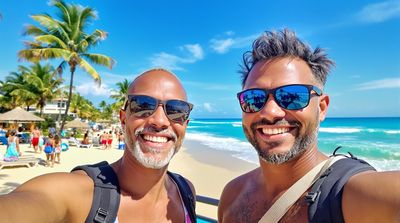 Diverse American couple enjoys beach vacation in Puerto Vallarta post-Lumineers dental treatment.