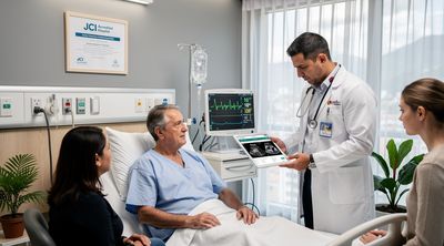 A Colombian doctor providing high-quality care to an American patient in a accredited facility.