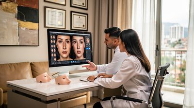 A plastic surgeon consulting on cosmetic procedures with a patient in a Colombian clinic.