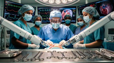 Scene of advanced cardiac surgery in a modern Indian hospital.