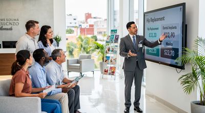 A diverse group of American patients consulting on cost savings with a Mexican administrator in a hospital lobby.