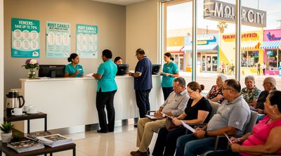 Busy dental clinic in Los Algodones with American patients and Mexican staff highlighting competitive pricing.