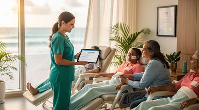 American patients recovering comfortably in a Cancun beachside hospital room with nurse assistance.