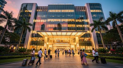 The exterior of Singapore General Hospital showcasing its prestigious architecture at dusk.