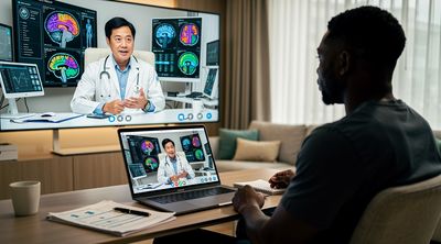 A teleconsultation between a Singapore specialist and an international patient discussing treatment plans.
