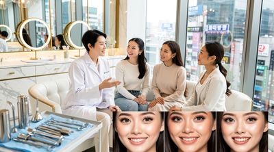 Diverse patients in a Seoul cosmetic surgery clinic consultation.