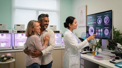 A hopeful couple in a Thai fertility clinic discussing IVF success rates and personalized care.