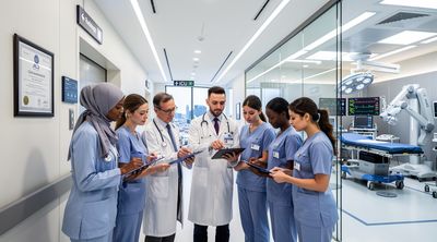 A diverse medical team in a JCI-accredited Turkish hospital reviews advanced equipment.