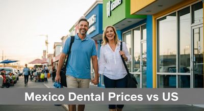 American couple in their forties walking towards a row of modern dental clinics in Los Algodones, Mexico