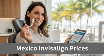 A smiling patient in a Mexican dental clinic reviewing Invisalign pricing options with a scenic view outside.