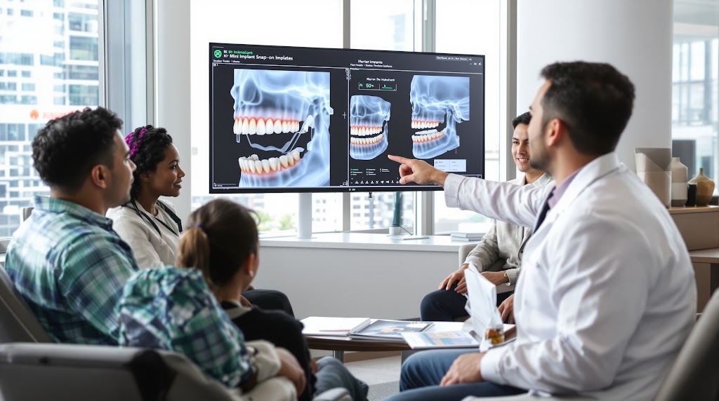 A Mexican dentist consulting diverse American patients on mini implant snap-on dentures using 3D scans.
