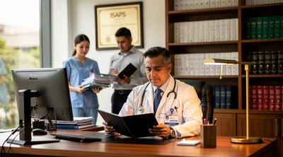 A board-certified Mexican surgeon reviews a patient file in a professional office displaying certifications.