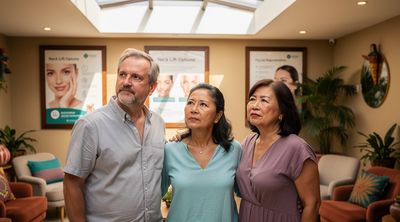 Diverse middle-aged individuals in a clinic lobby representing ideal candidates for mini neck lift.
