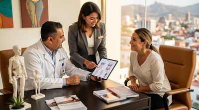 A Mexican plastic surgeon consulting with a patient on mommy makeover procedures in a modern clinic.