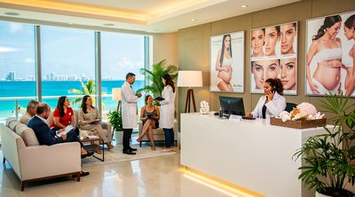 A bustling Cancun clinic lobby with diverse patients and staff highlighting competitive medical tourism.