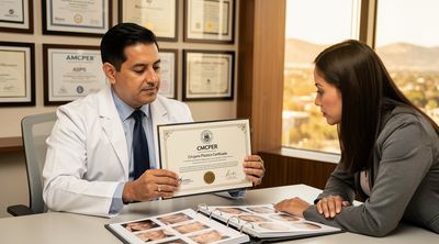 A surgeon showing credentials and natural results to a patient during consultation.