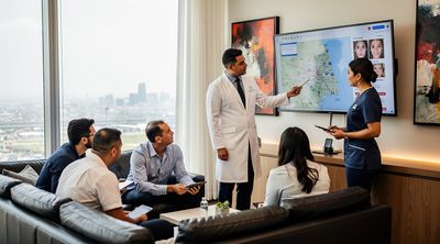 A Mexican surgeon discusses proximity benefits with diverse patients in a Tijuana consultation lounge.
