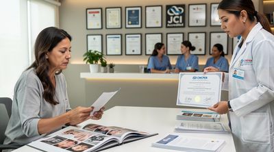 A Mexican surgeon presents certifications to an American patient in a Tijuana clinic office.