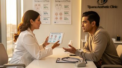 A Mexican specialist consulting with an American patient on Morpheus8 pricing in a Tijuana clinic.