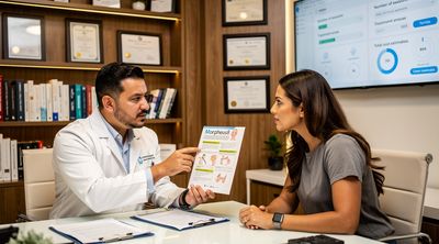A Mexican surgeon discussing cost factors with a patient, highlighting credentials in a professional setting.