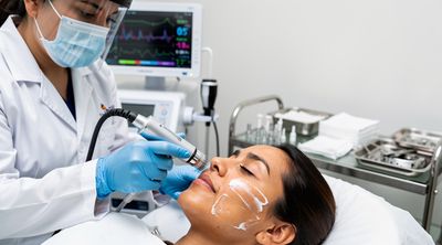 A dermatologist administering Morpheus8 RF microneedling to a patient's face during a treatment session.