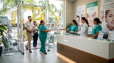 Clinic staff greeting diverse patients at a Tijuana wellness center, promoting Morpheus8 treatments.