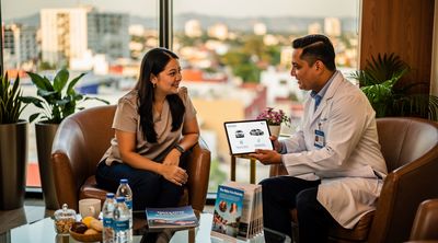 A patient consulting on a VIP MRI package in a luxurious Mexican office.