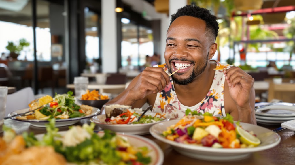 A diverse patient enjoying a meal comfortably with a palateless snap-on denture in a Mexican restaurant.