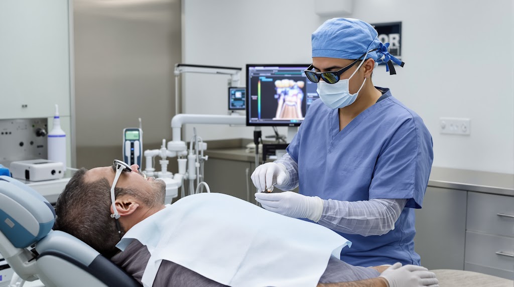 A Mexican oral surgeon preparing regular dental implants for a snap-on denture procedure in a sterile suite.