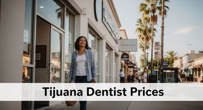 A diverse American patient approaching a modern dental clinic in Tijuana, smiling in anticipation of affordable dental care savings.