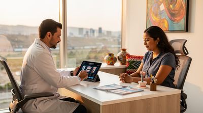 A Mexican dental specialist consults with a diverse American patient on affordable single dental implant options in a modern Tijuana clinic.