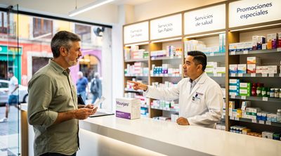 A diverse patient and pharmacist discussing Mounjaro stock at a Mexican pharmacy counter.
