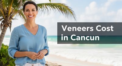 A smiling Caucasian woman with perfect veneers enjoying a relaxed vacation on a sunny Cancun beach after her dental procedure.