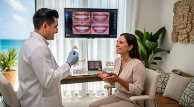 A Mexican dentist consults with a diverse American patient on porcelain veneers using 3D simulations in a modern Cancun clinic.