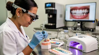 A Mexican technician applies composite resin to a tooth model in a high-tech Cancun dental lab.