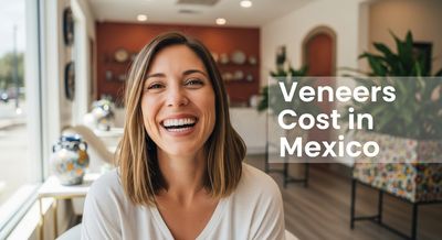 A joyful Caucasian woman in her thirties displays her perfect veneers while smiling in a modern Mexican dental clinic, highlighting affordable dental tourism benefits.