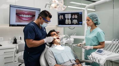 A dentist performs a veneers procedure step using digital technology on a patient.