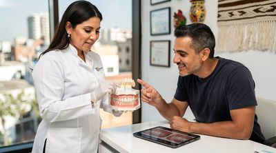 A Mexican dentist shows an E-Max porcelain veneer to a diverse American patient in a Tijuana clinic.