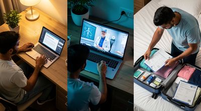 Illustration of the step-by-step medical tourism process from research to virtual consultation.