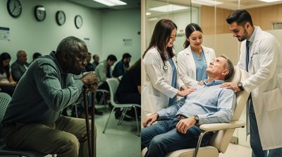 Contrast between long hospital wait times at home and efficient care abroad.