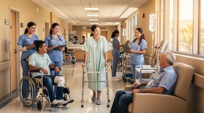 Diverse patients recovering from procedures in a Mexican hospital corridor.